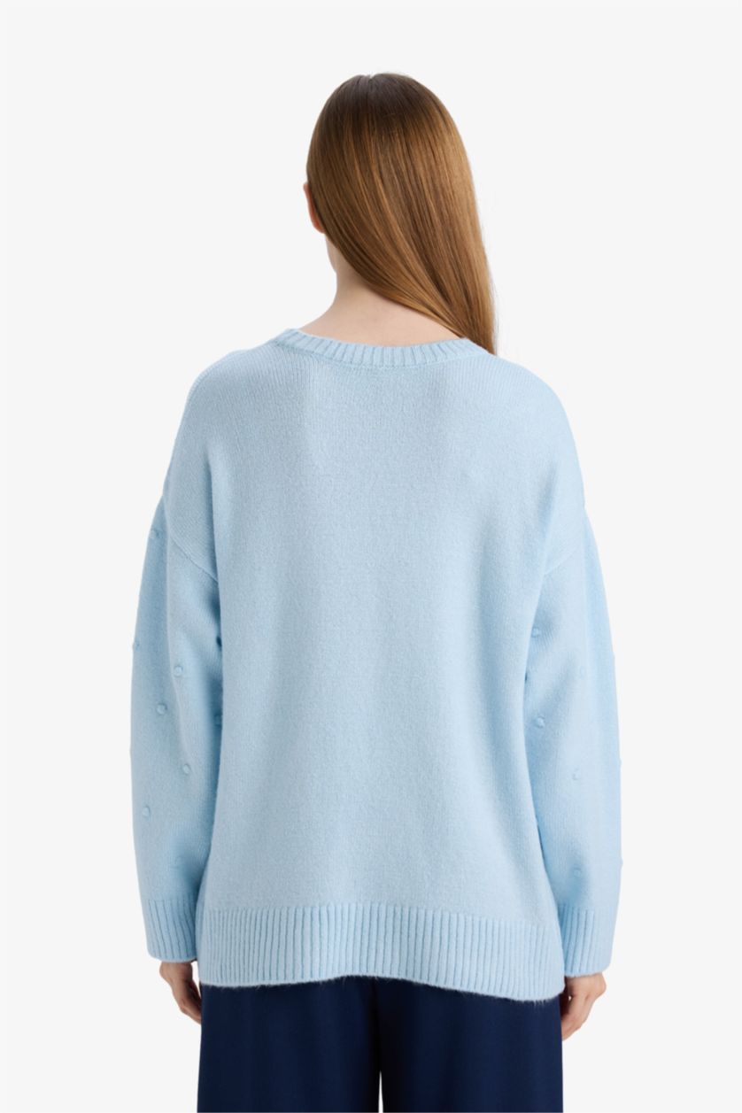 Kadın Açık Mavi Relax Fıt Bisiklet Yaka Triko Kazak