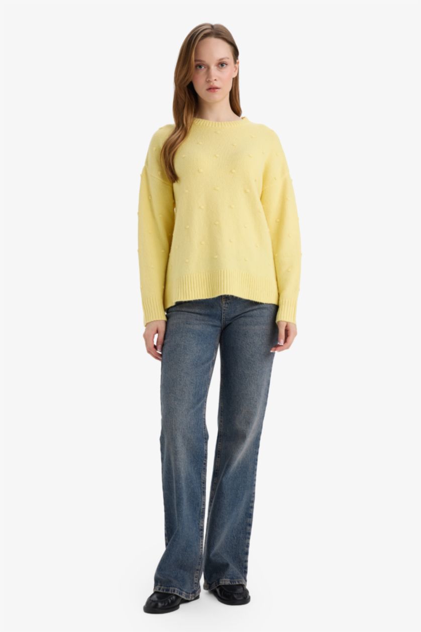 Kadın Açık Sarı Relax Fıt Bisiklet Yaka Triko Kazak