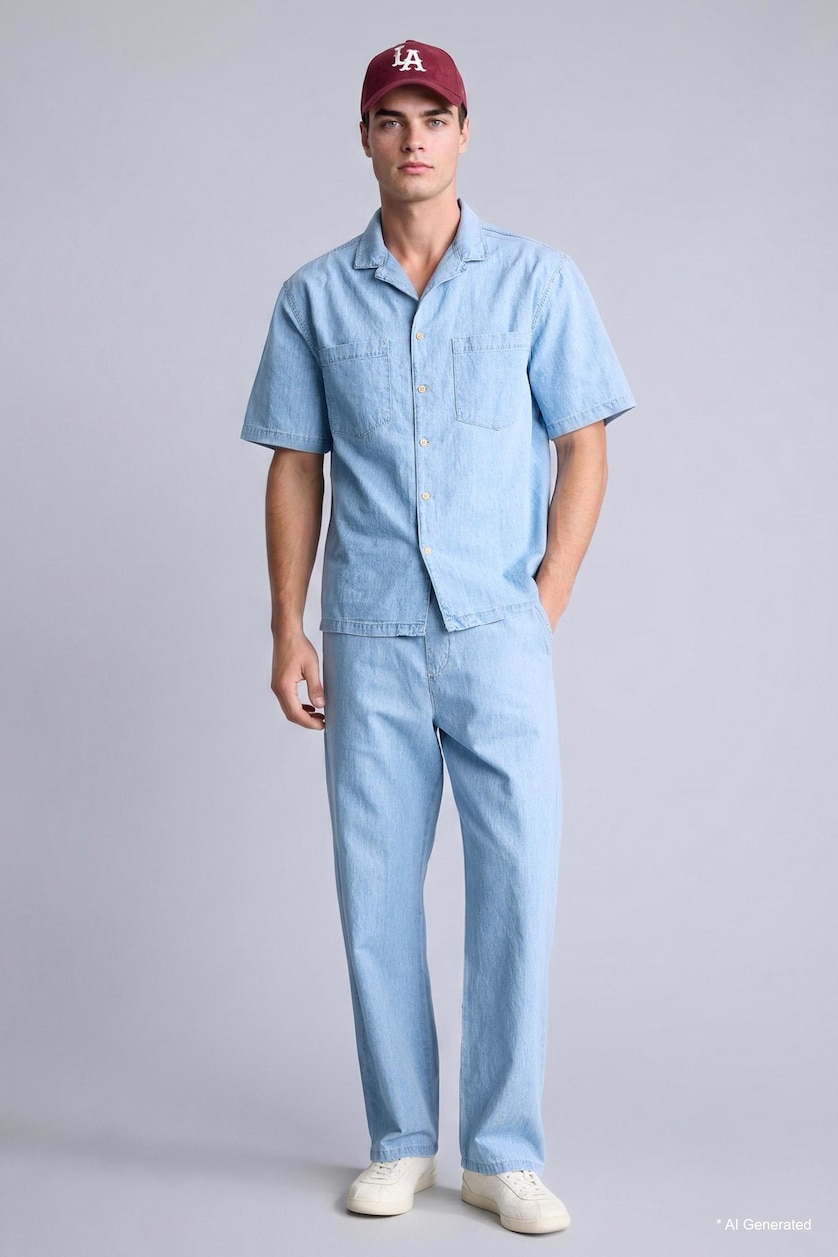 MAN Light Blue Relax Fit Cotton Short Sleeve Shirt