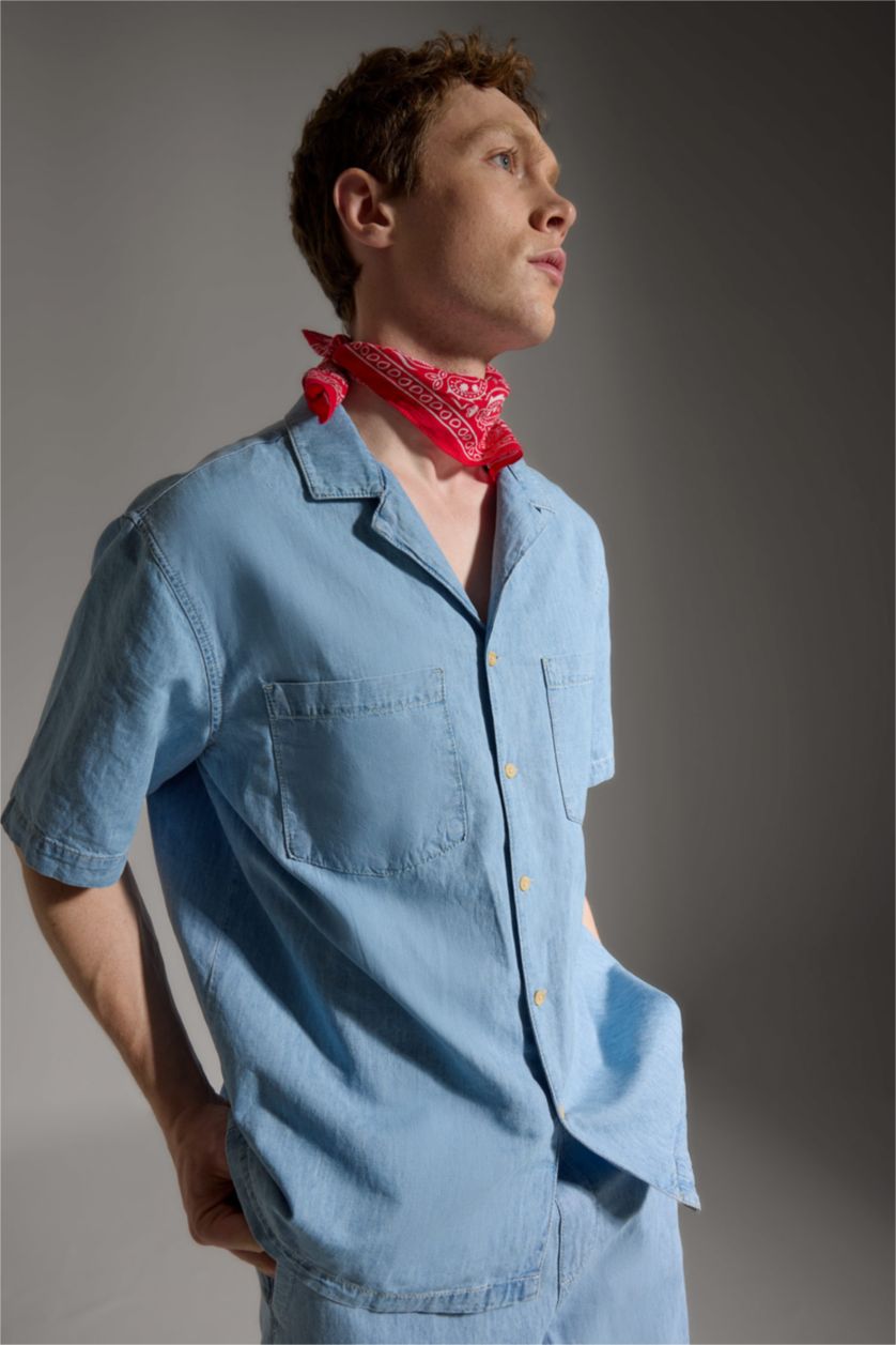 Men Light Blue Relax Fit Cotton Short Sleeve Shirt