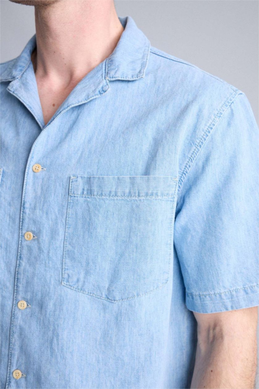 Men Light Blue Relax Fit Cotton Short Sleeve Shirt
