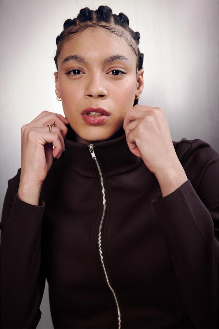 Kadın Kahve Standart Fıt Skuba Dalgıç Kumaş Fermuarlı Sweatshirt