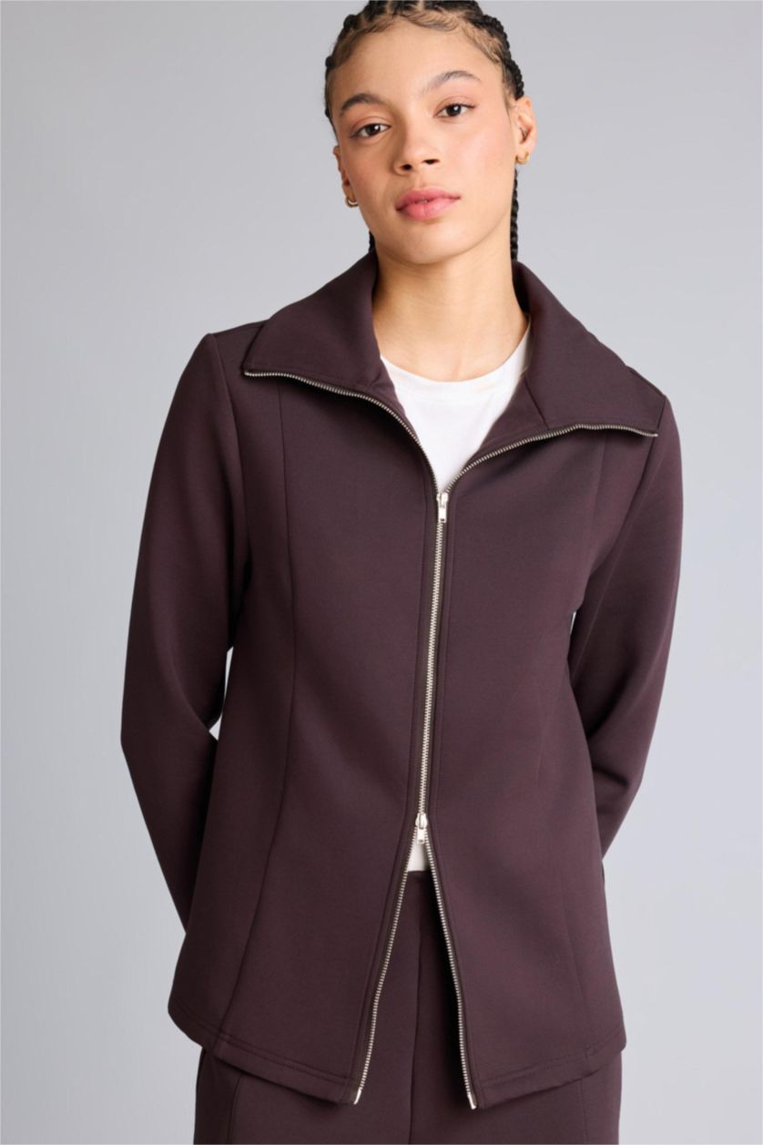 Kadın Kahve Standart Fıt Skuba Dalgıç Kumaş Fermuarlı Sweatshirt