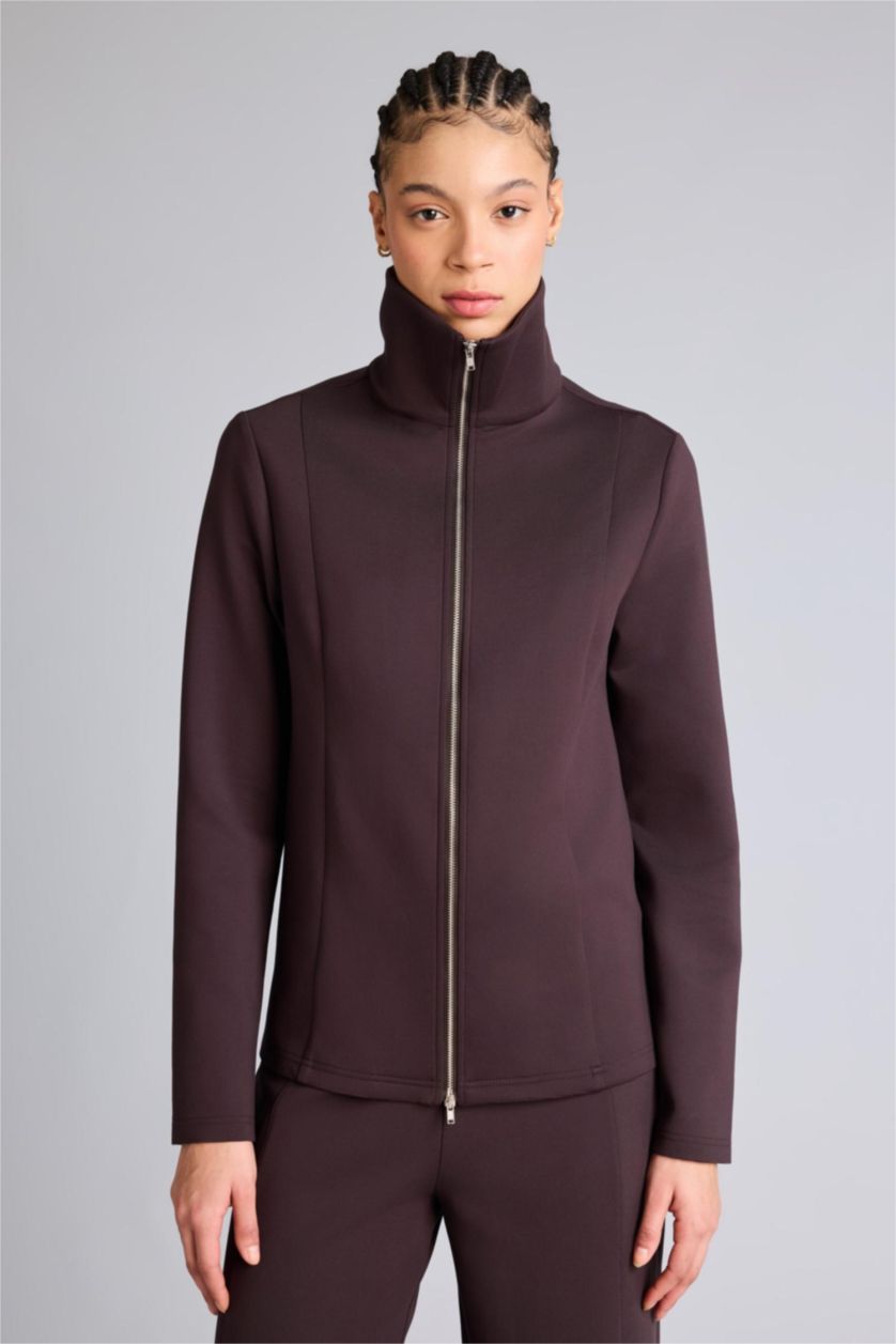 Kadın Kahve Standart Fıt Skuba Dalgıç Kumaş Fermuarlı Sweatshirt