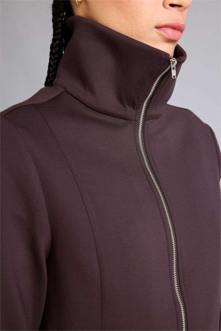 Kadın Kahve Standart Fıt Skuba Dalgıç Kumaş Fermuarlı Sweatshirt