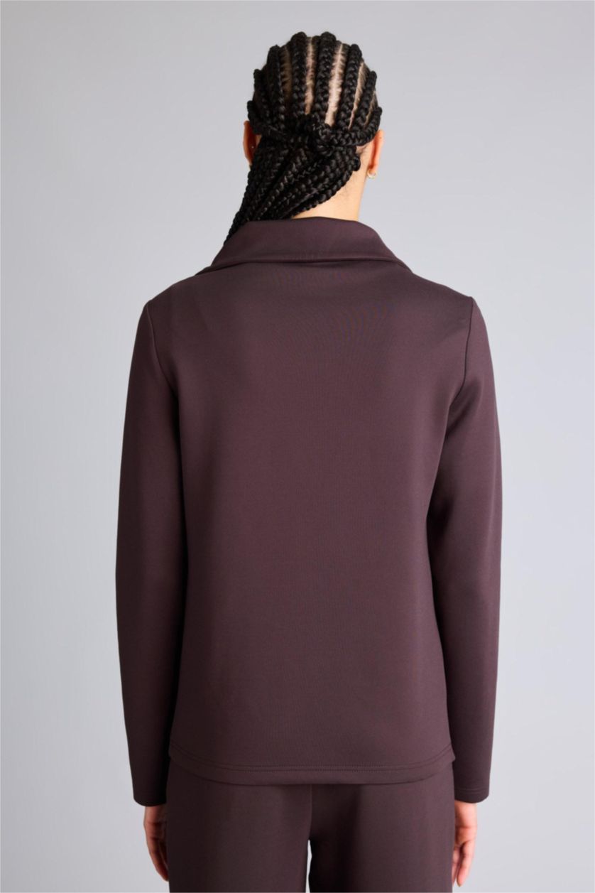 Kadın Kahve Standart Fıt Skuba Dalgıç Kumaş Fermuarlı Sweatshirt