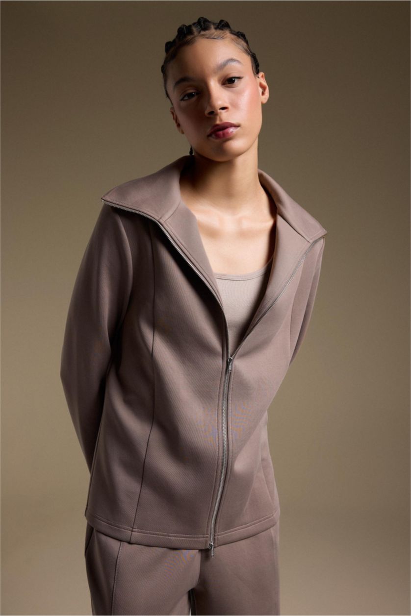 Kadın Açık Kahve Standart Fıt Skuba Dalgıç Kumaş Fermuarlı Sweatshirt