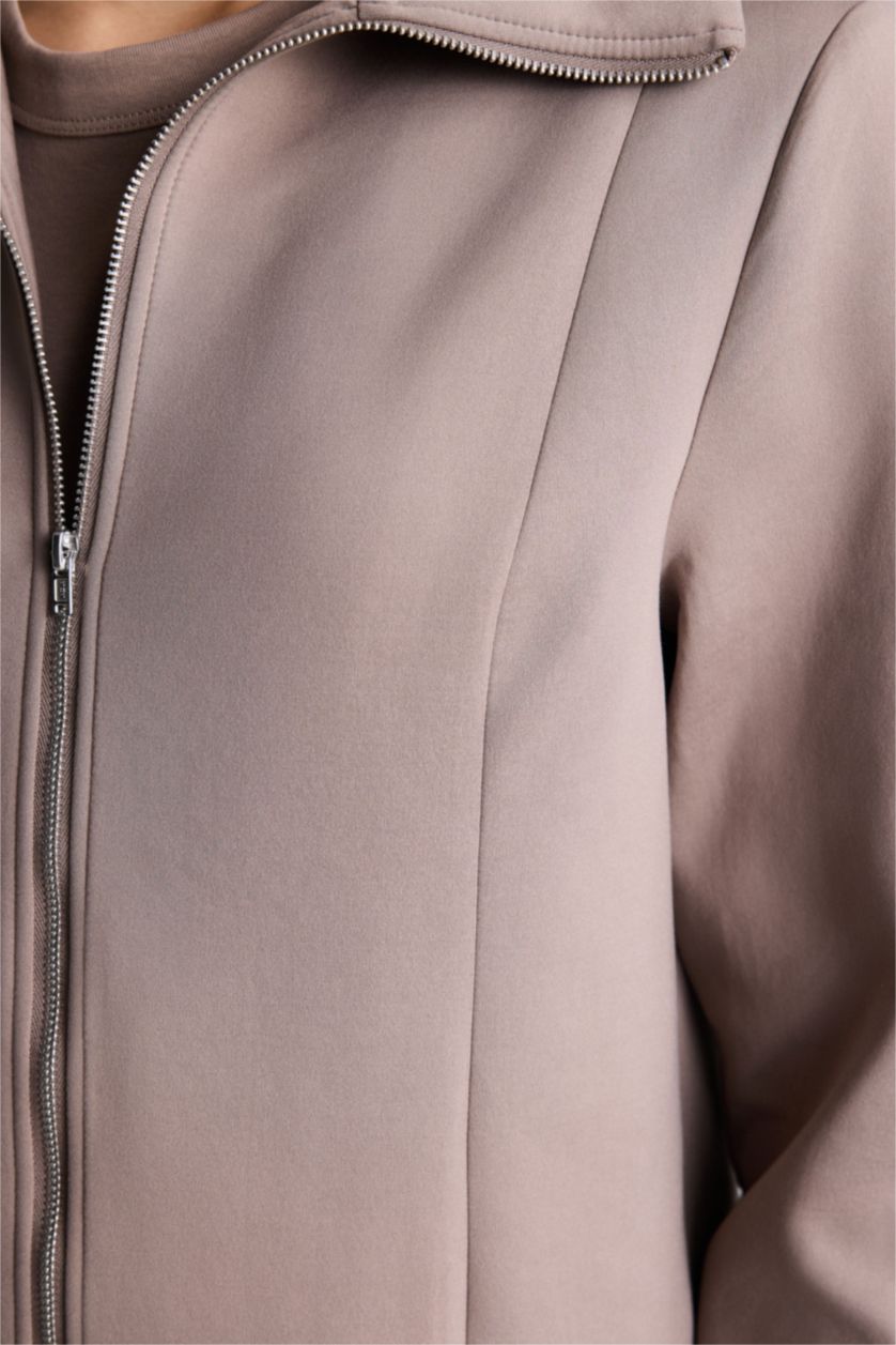 Kadın Açık Kahve Standart Fıt Skuba Dalgıç Kumaş Fermuarlı Sweatshirt