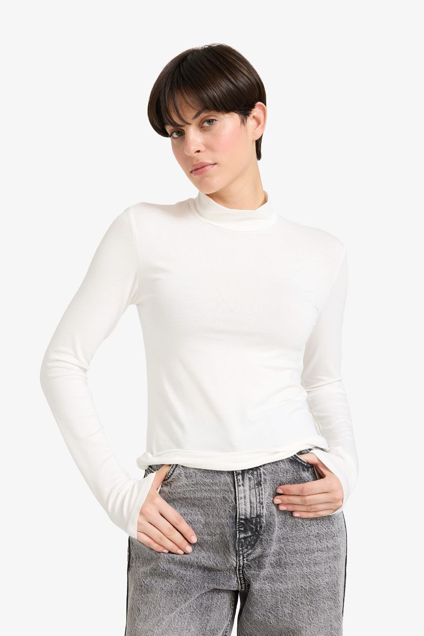 Kadın Ekru Balıkçı Yaka Uzun Kollu Tişört