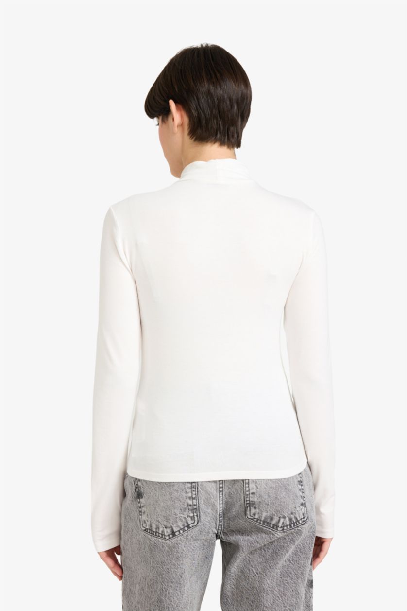 Kadın Ekru Balıkçı Yaka Uzun Kollu Tişört