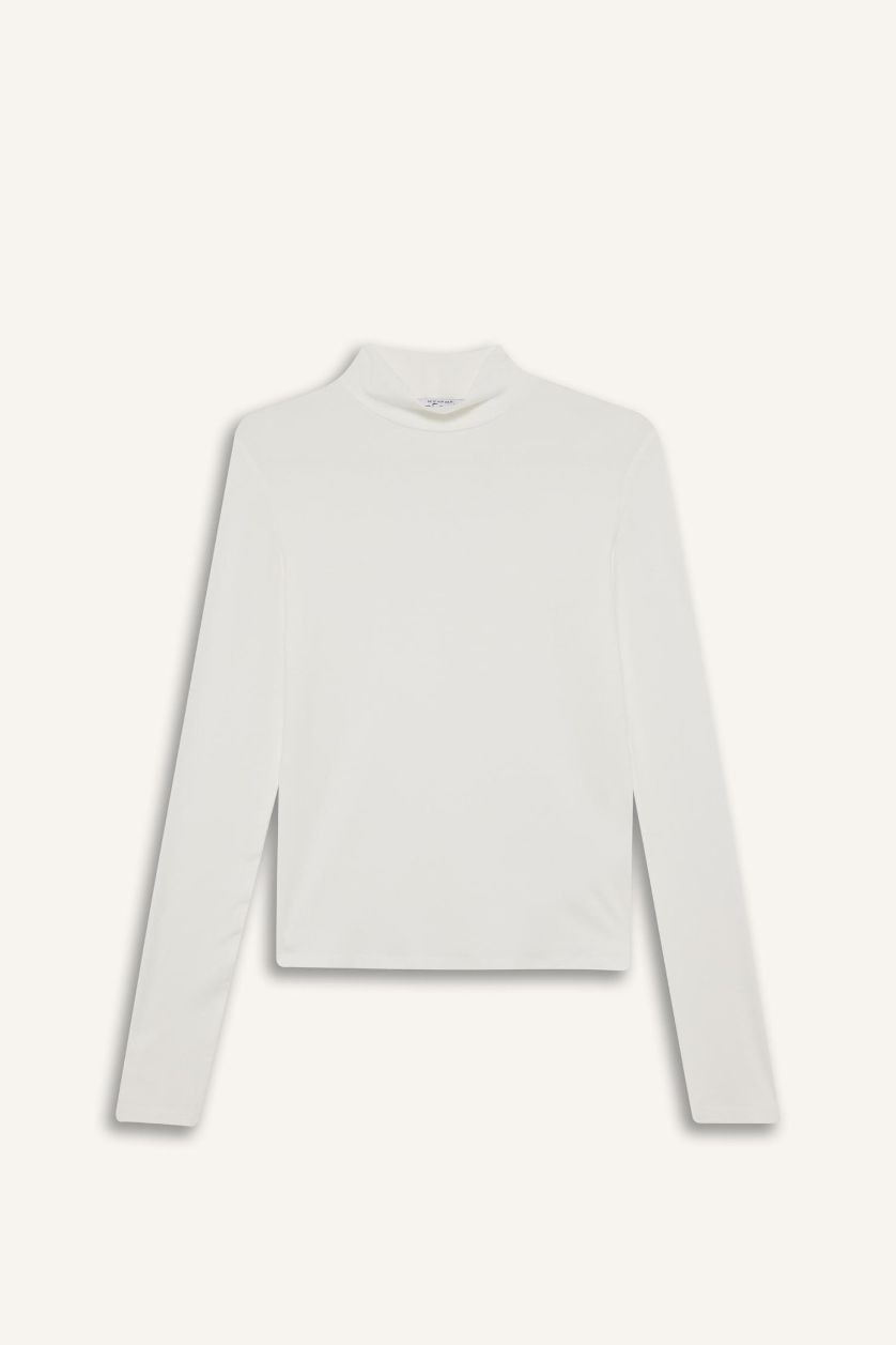 Kadın Ekru Balıkçı Yaka Uzun Kollu Tişört