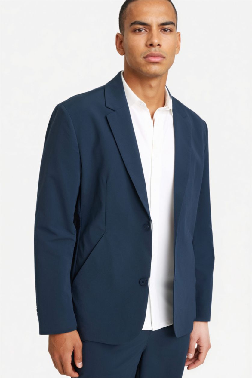 Erkek Lacivert Teknik Kumaştan Esnek Blazer Ceket