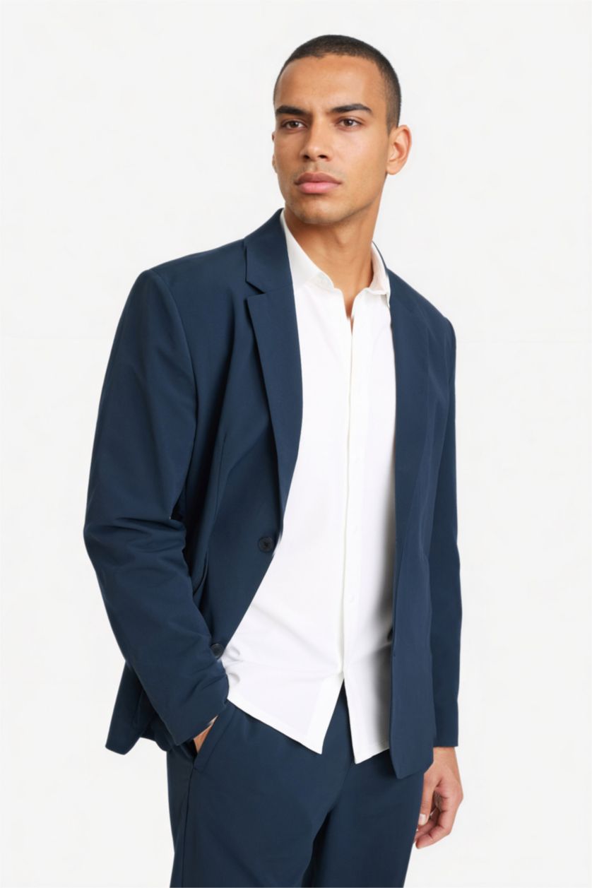 Erkek Lacivert Teknik Kumaştan Esnek Blazer Ceket