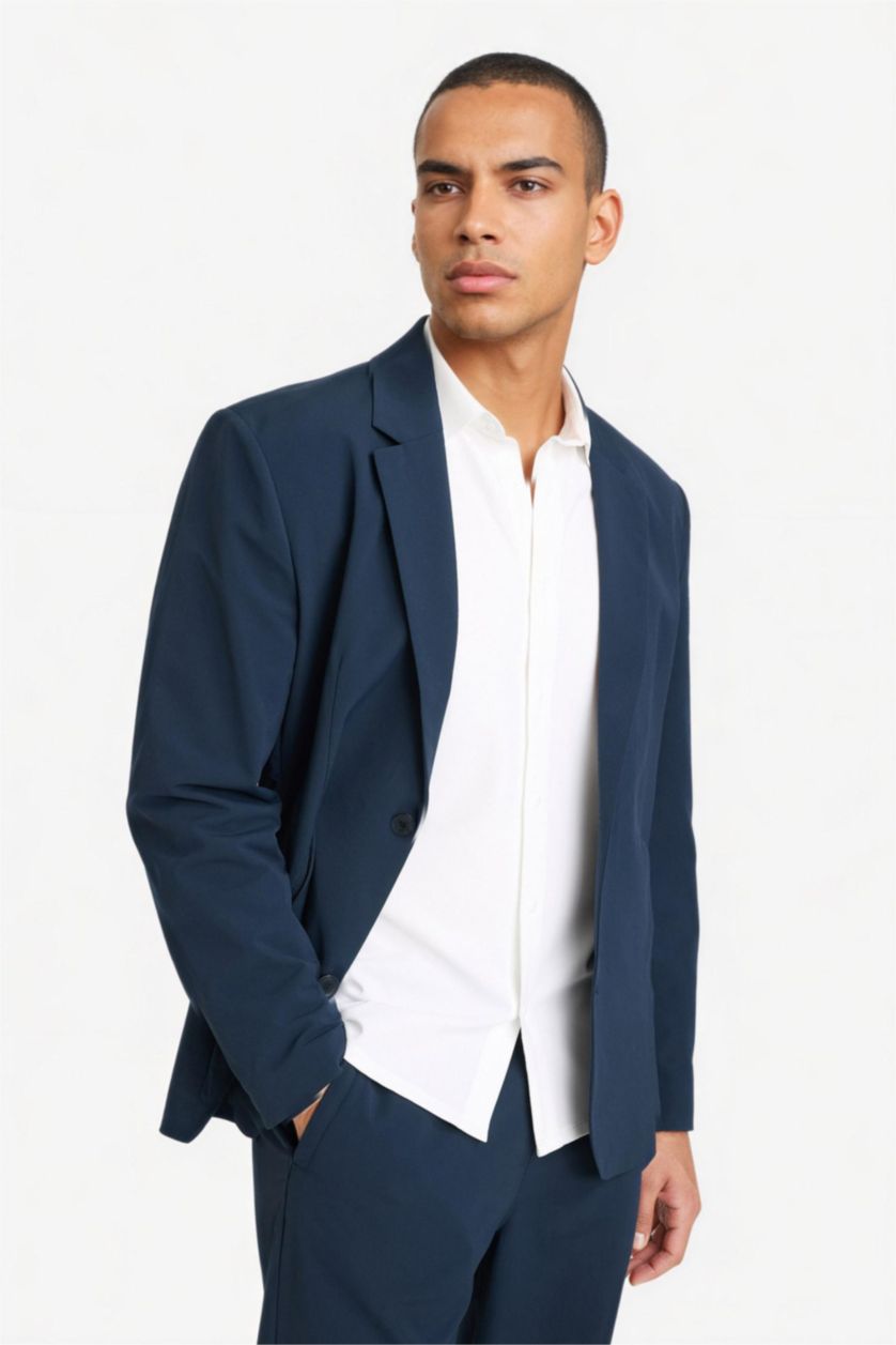 رجال كحلي سترة بليزر سليم فيت وياخة جاكيت