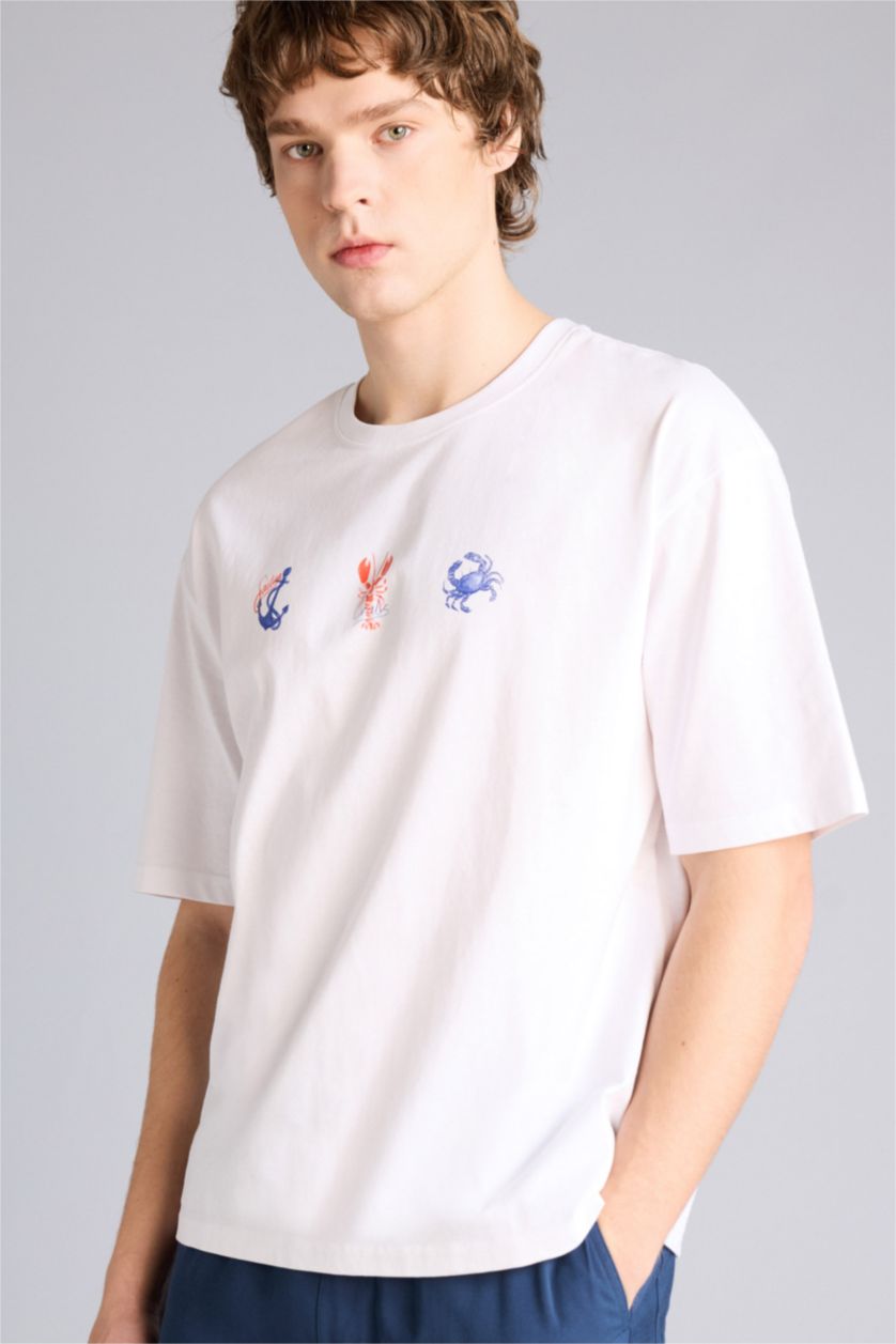 Ерлер ақ 100% мақта Boxy Fit баспалы футболка