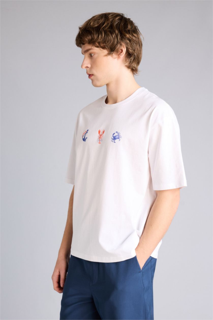 Ерлер ақ 100% мақта Boxy Fit баспалы футболка