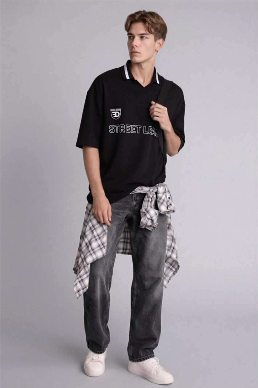 Erkek Siyah Loose Fıt Polo Yaka Kısa Kollu Polo Tişört