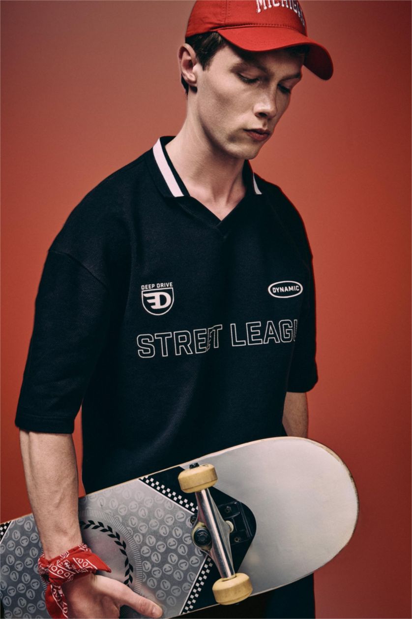 رجال أسود تيشيرت بولو نص ردن قصة فضفاضة