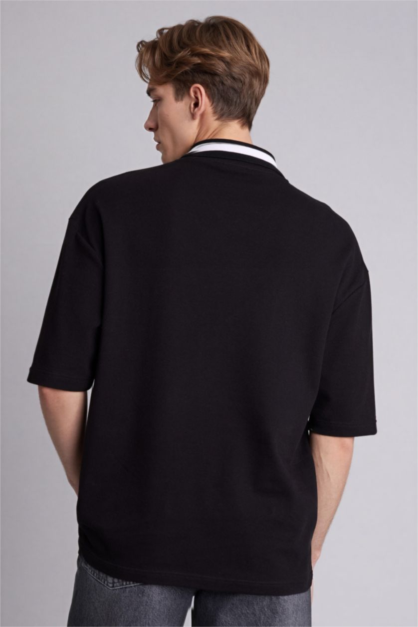 Erkek Siyah Loose Fıt Polo Yaka Kısa Kollu Polo Tişört