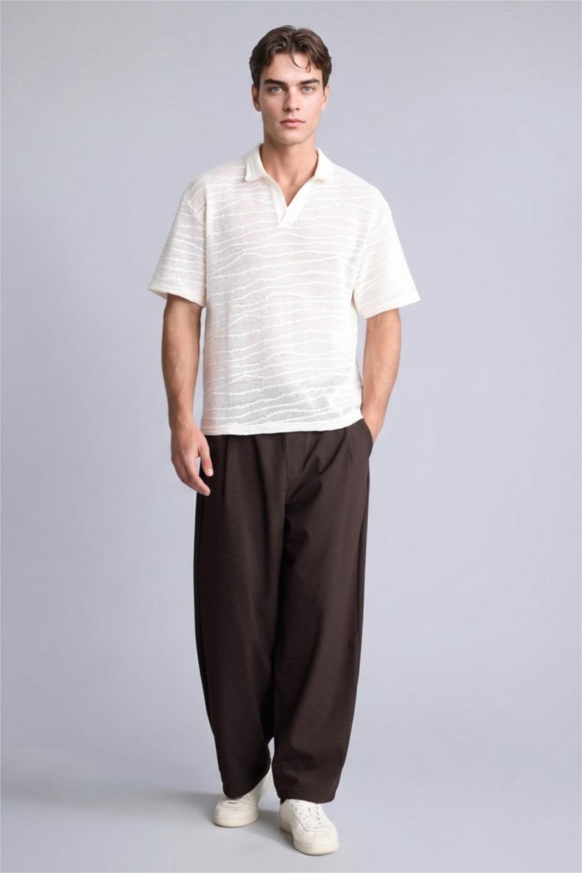 Erkek Ekru Boxy Fıt Kısa Kollu Polo Tişört