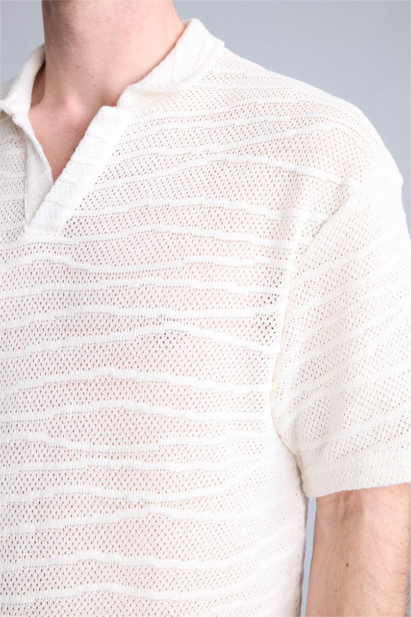 Erkek Ekru Boxy Fıt Kısa Kollu Polo Tişört