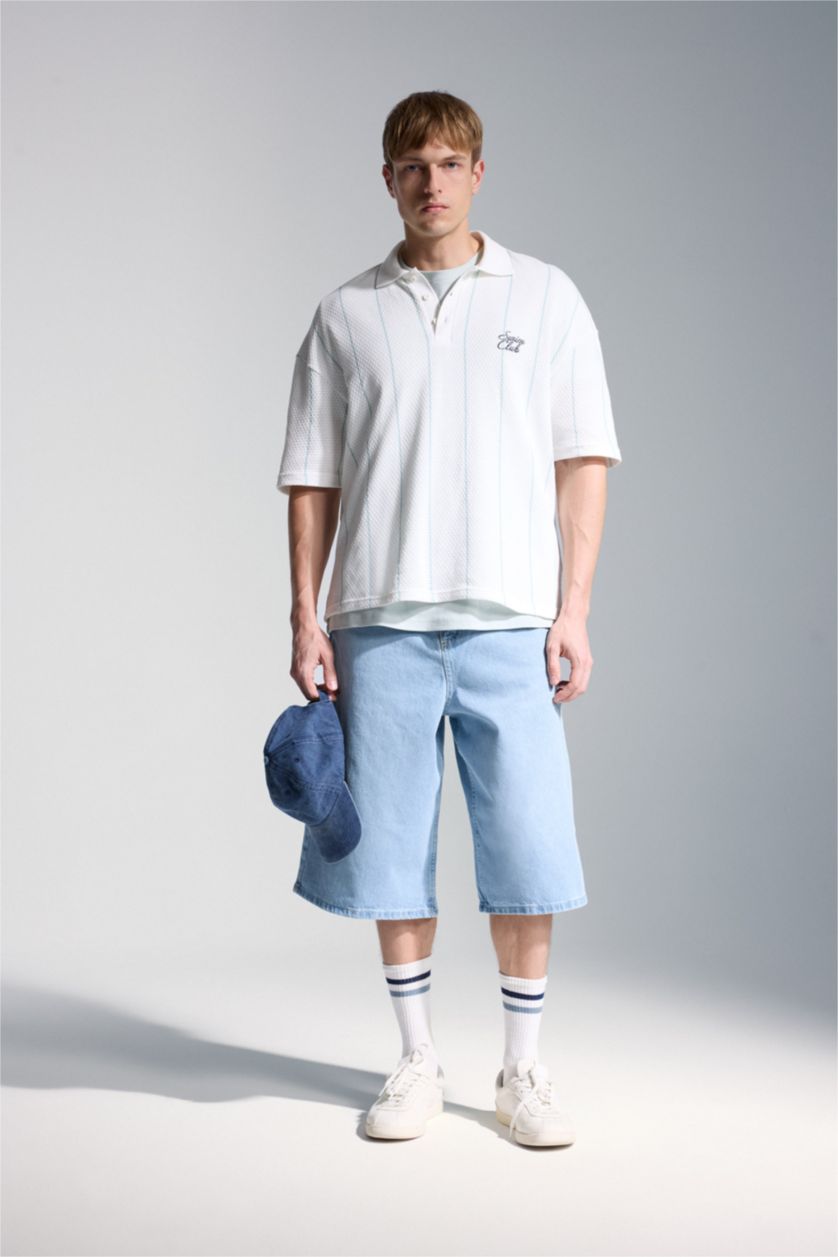 Erkek Mavi Loose Fit Baskılı Polo Tişört