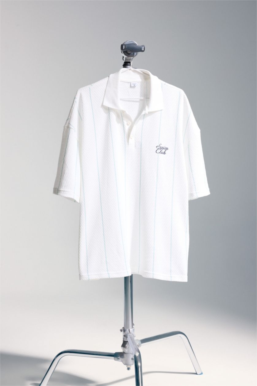 Erkek Mavi Loose Fit Baskılı Polo Tişört
