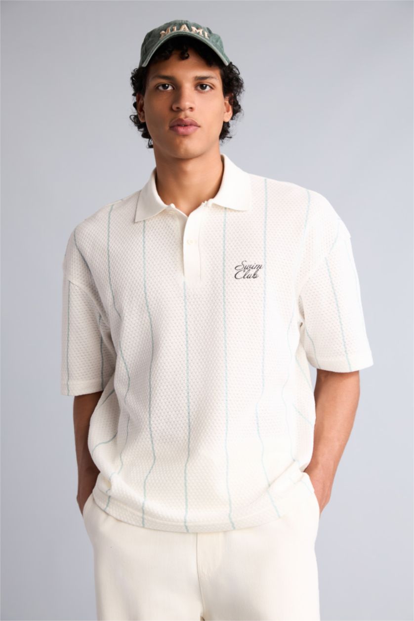 Erkek Mavi Loose Fit Kısa Kollu Baskılı Polo Tişört