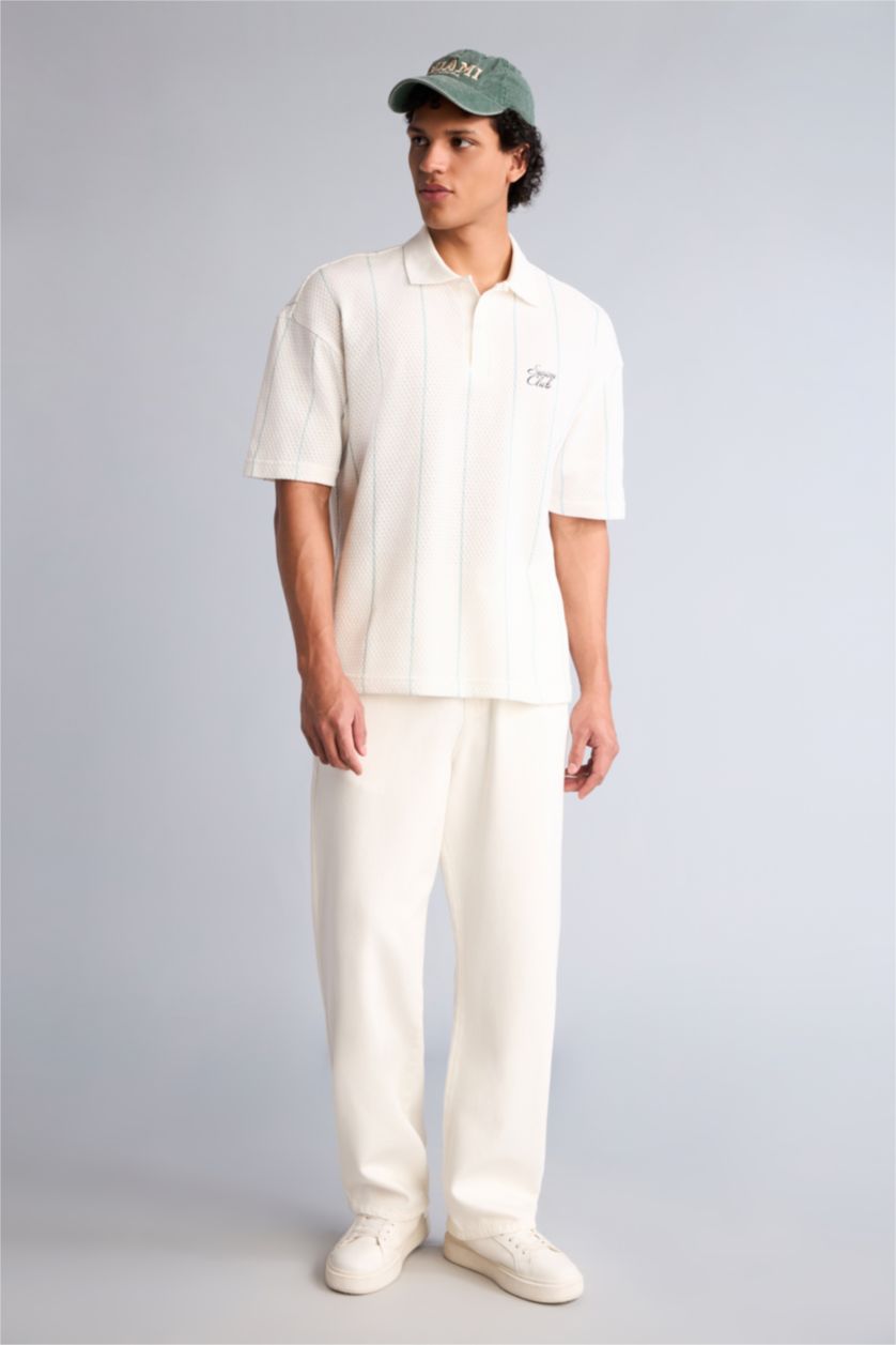 Erkek Mavi Loose Fit Kısa Kollu Baskılı Polo Tişört