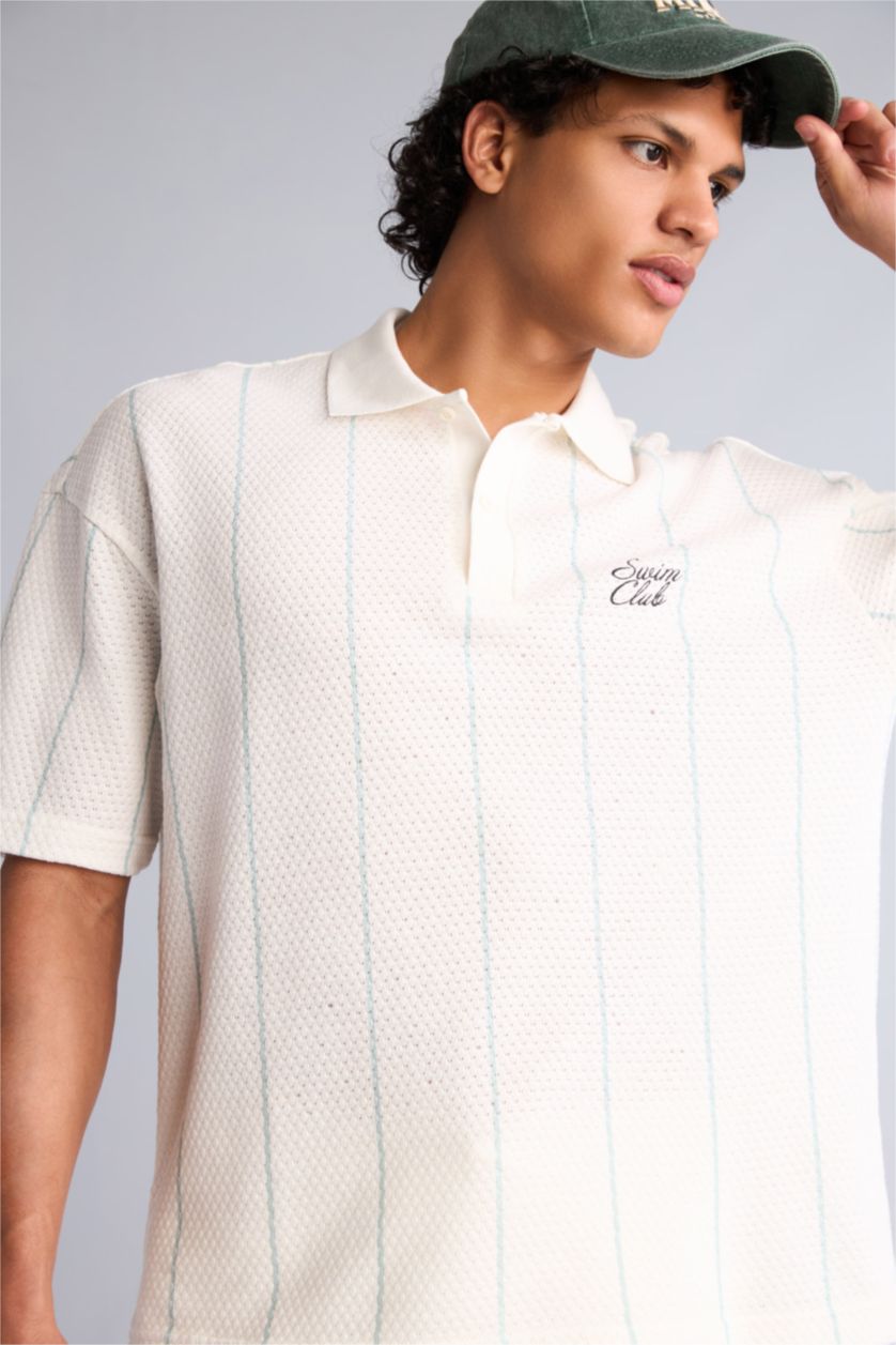 Erkek Mavi Loose Fit Kısa Kollu Baskılı Polo Tişört