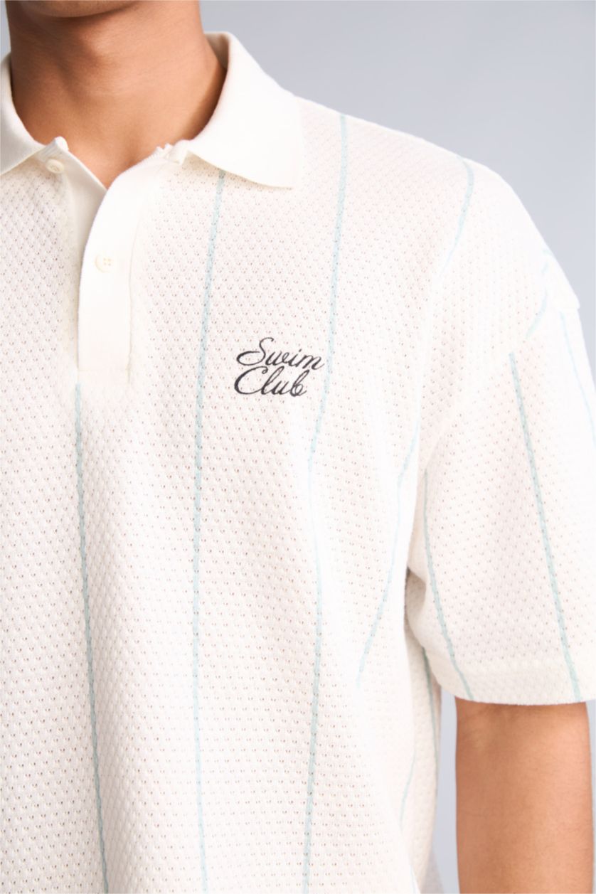 Erkek Mavi Loose Fit Kısa Kollu Baskılı Polo Tişört