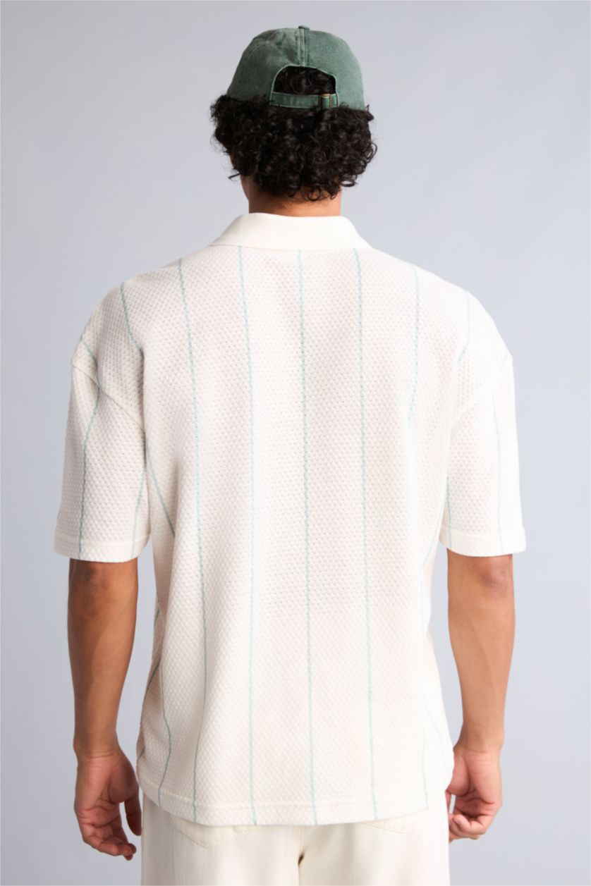 Erkek Mavi Loose Fit Kısa Kollu Baskılı Polo Tişört