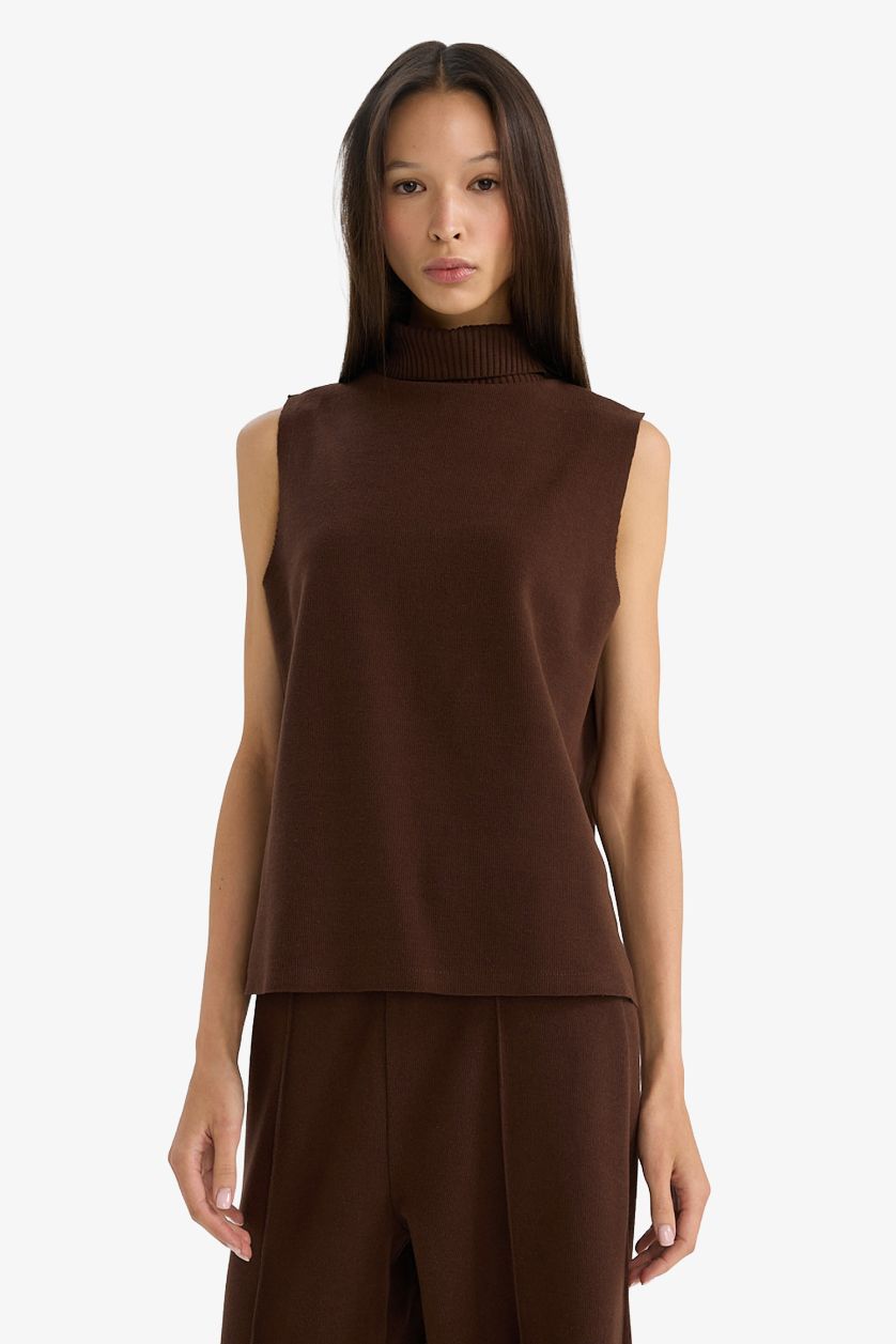 Woman Brown Regular Fit Turtleneck Vest