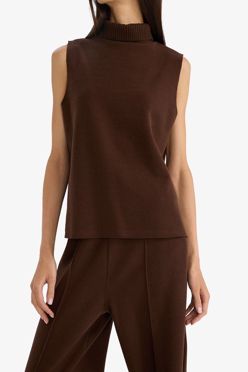 Woman Brown Regular Fit Turtleneck Vest