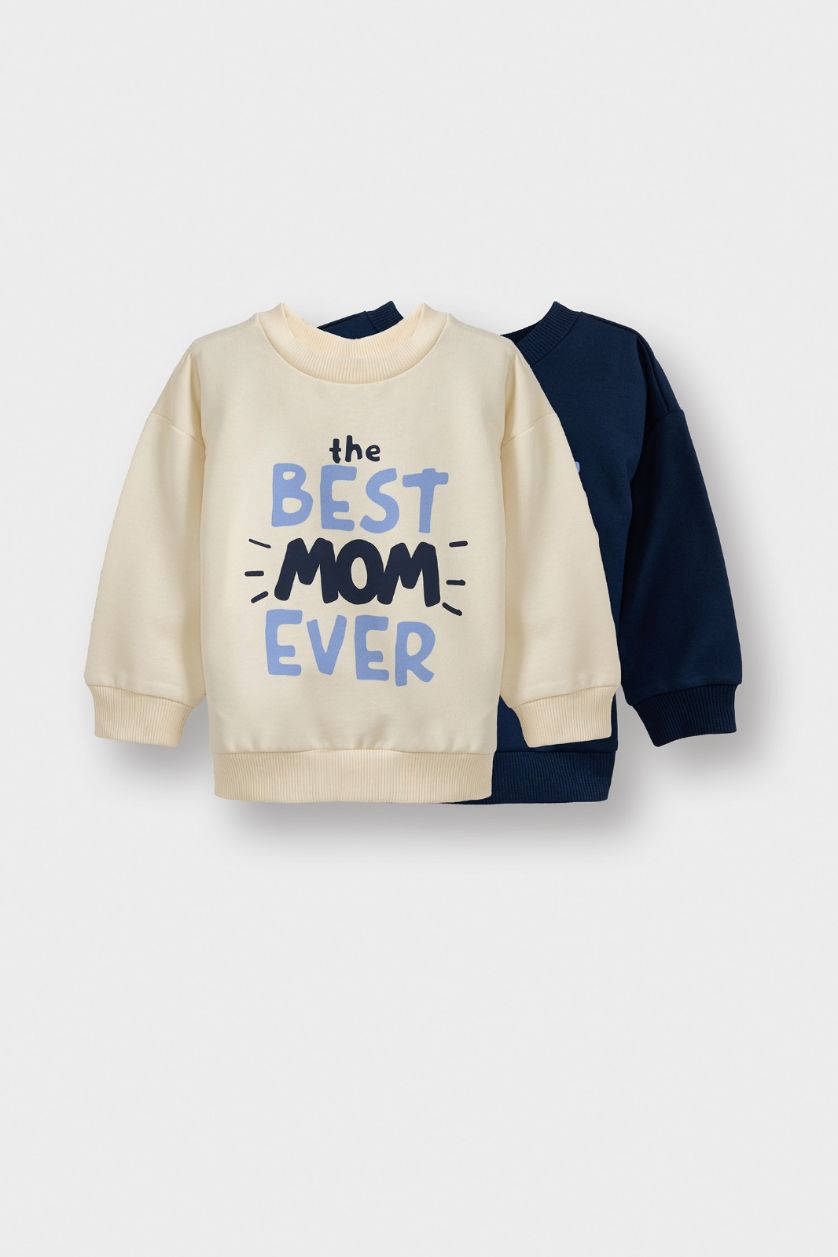 Baby Boys Ecru Baby Boy Crew Neck Printed Soft Lining 2 Piece Sweatshirt