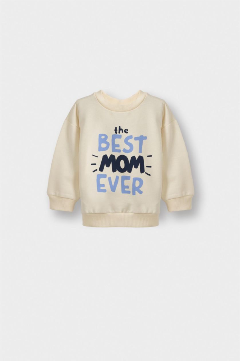 Baby Boys Ecru Baby Boy Crew Neck Printed Soft Lining 2 Piece Sweatshirt