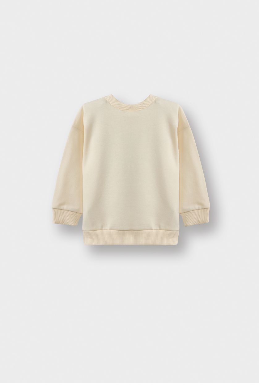 Erkek Bebek Ekru Bisiklet Yaka Baskılı İçi Yumuşak Tüylü 2'li Sweatshirt Erkek Bebek