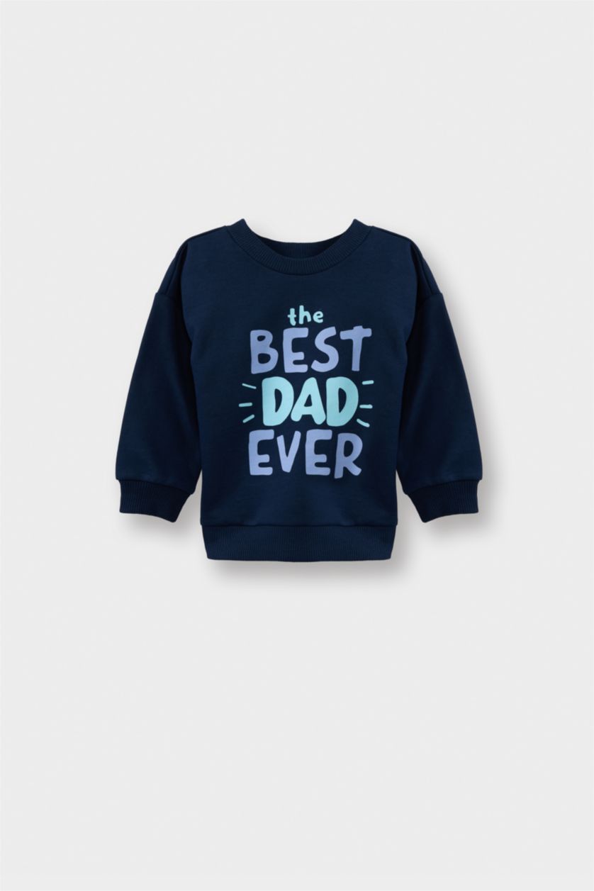 Erkek Bebek Ekru Bisiklet Yaka Baskılı İçi Yumuşak Tüylü 2'li Sweatshirt Erkek Bebek