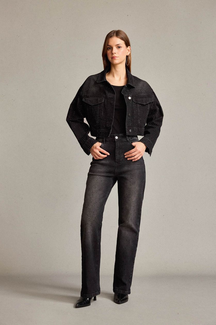 Kadın Siyah Baggy Fit Taşlı Jean Pantolon
