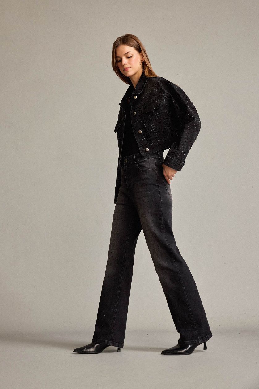 Kadın Siyah Baggy Fit Taşlı Jean Pantolon