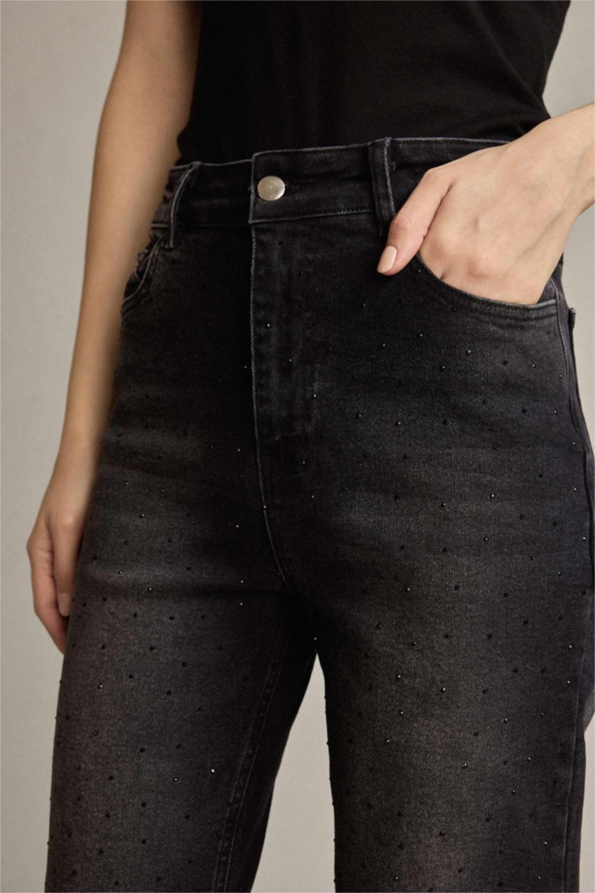 Kadın Siyah Baggy Fit Taşlı Jean Pantolon