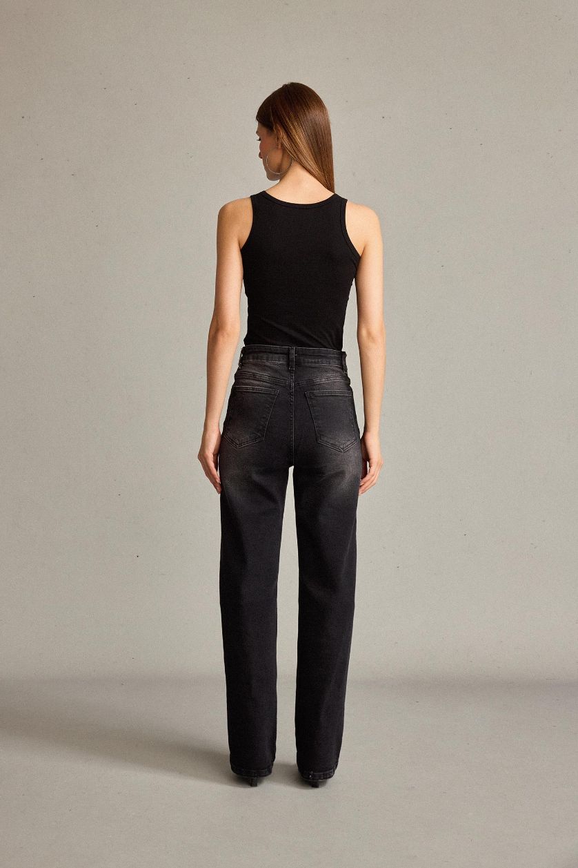 Kadın Siyah Baggy Fit Taşlı Jean Pantolon