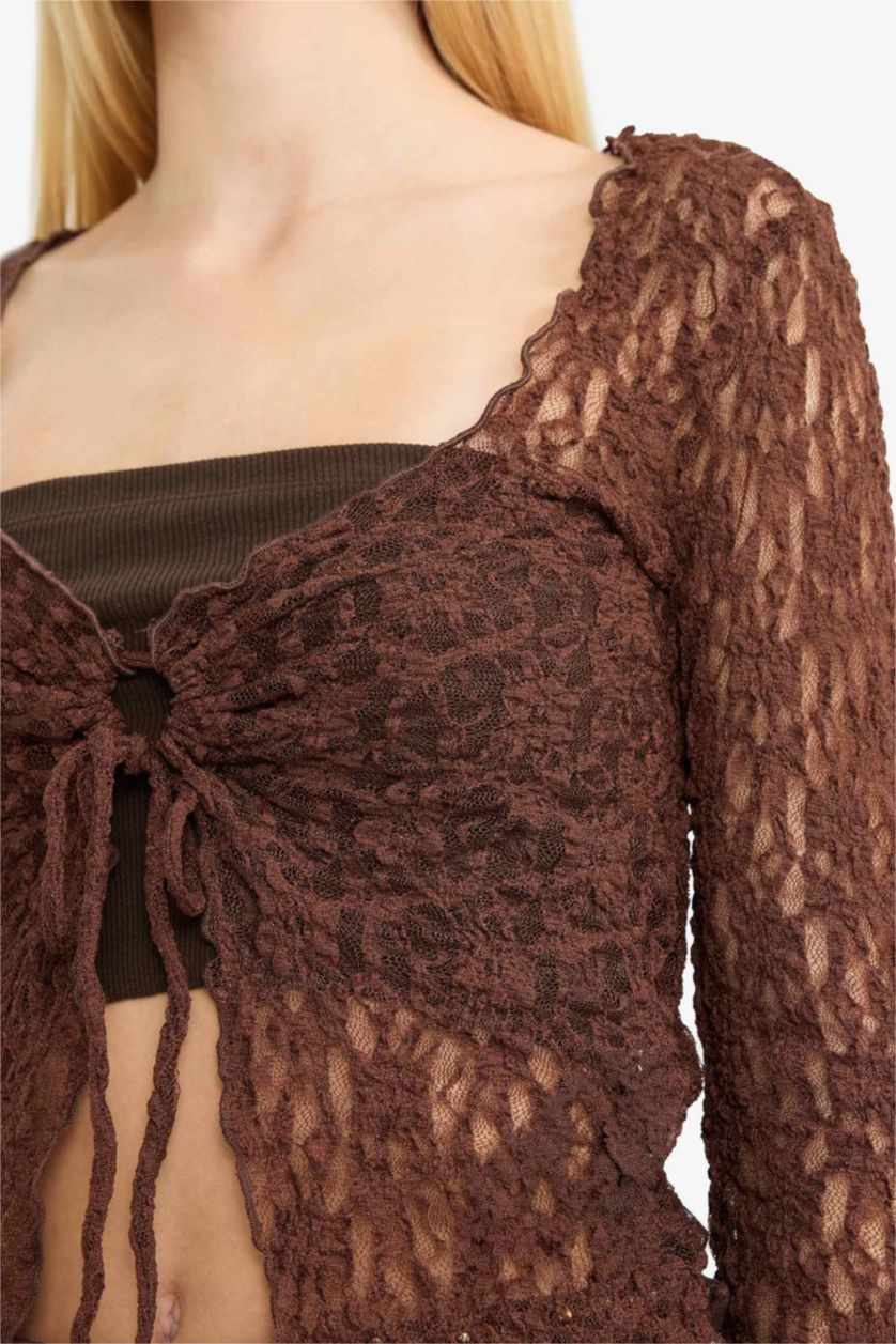 Kadın Kahve Flare Fit Dantel Önden Bağlamalı Uzun Kollu Bluz