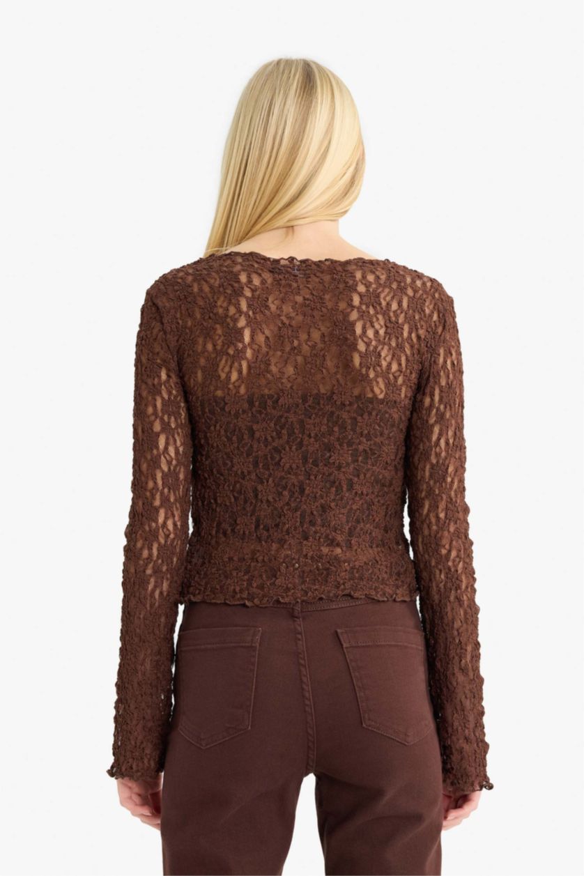 Kadın Kahve Flare Fit Dantel Önden Bağlamalı Uzun Kollu Bluz