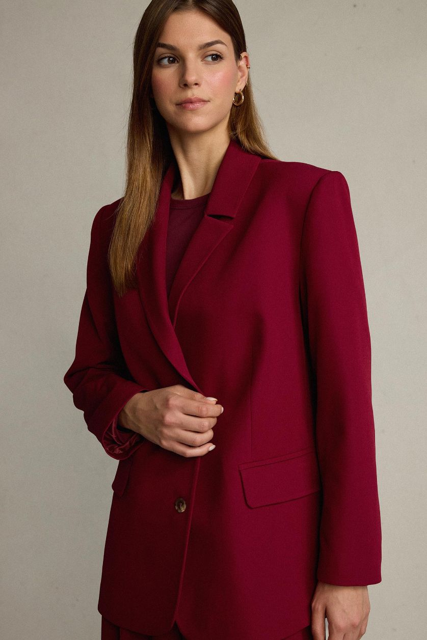 نساء خمري سترة بليزر بحزام وأزرار