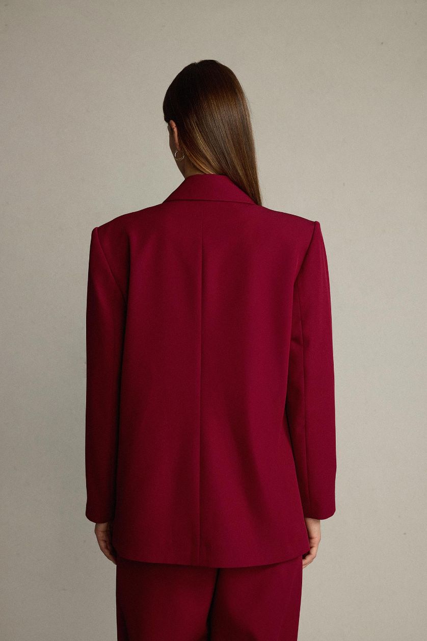 نساء خمري سترة بليزر بحزام وأزرار