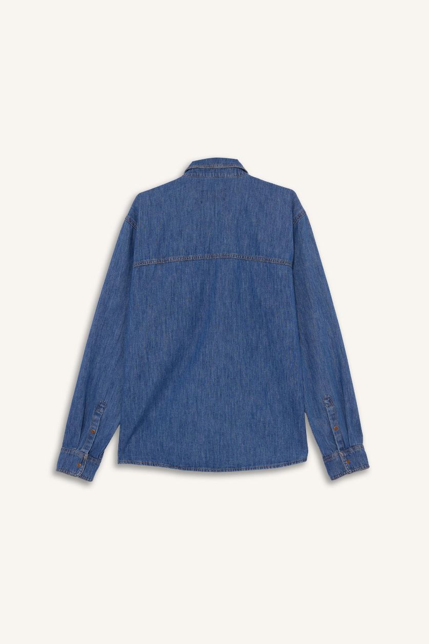 رجالي أزرق قميص جينز كم طويل قصة مريحة