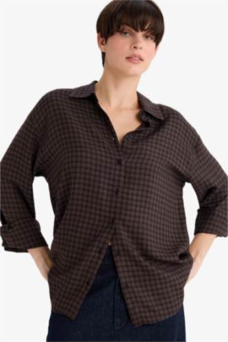 Woman Light Brown Regular Fit Shirt Collar Flanel Plaid Long Sleeve Shirt