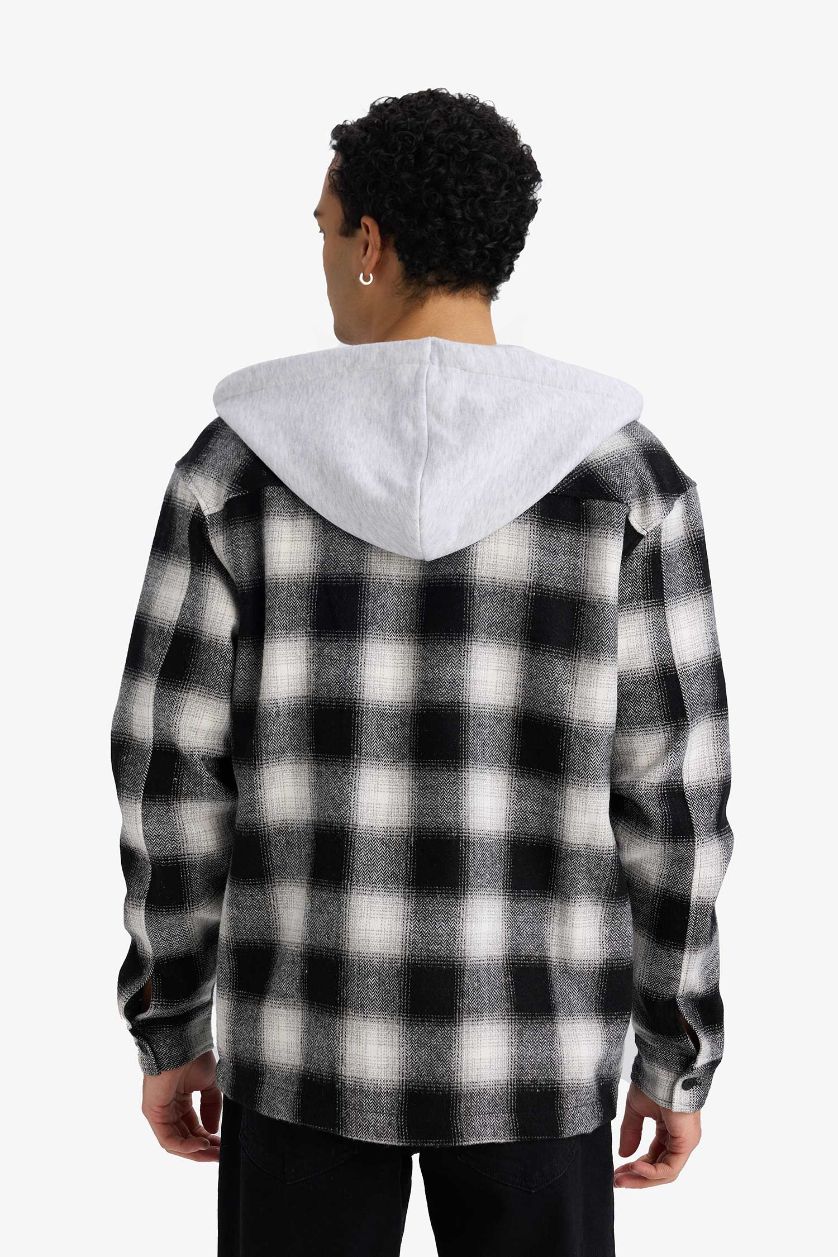 رجال أسود قميص ردن طويل قصة مريحة بغطاء للرأس