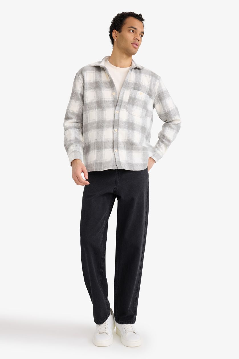رجال رمادي فاتح Regular Fit Plaid Long Sleeve Shirt